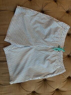 J. Crew Geometric Print Swim Trunks in Blue and White with Teal Drawstring